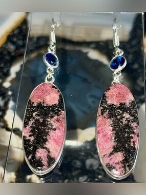 Oval Pink-and-Black Manganese Inclusions of Rhodonite Earrings 2 1/2”